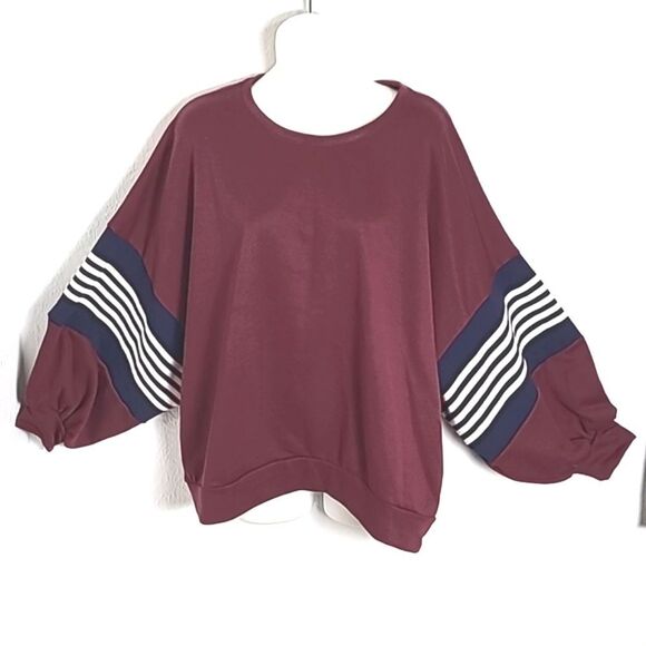 Say What? Maroon Oversized Sweatshirt Navy Blue/White Stripe Balloon Sleeves XL - Picture 2 of 7
